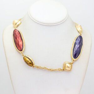 24 inch, Vintage Blue & Red Beads Gold Tone Chain Link Necklace by Kara - V26